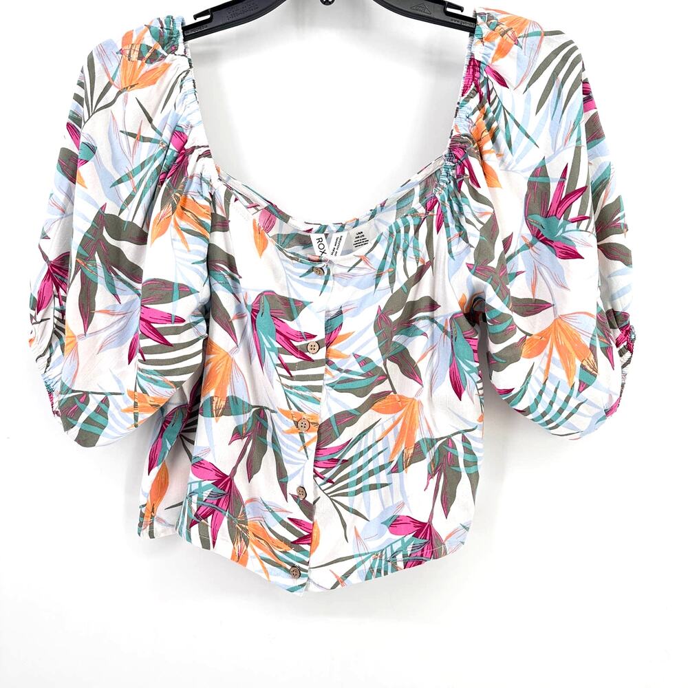 Roxy Pure Sugar Puff Sleeve Crop Top Shirt Size Large Tropical Floral Print
